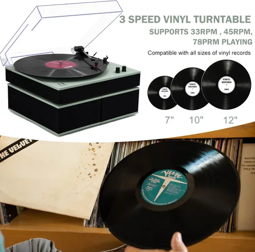 Vista 6 de MPK - Tocadiscos Bluetooth, sistema de alta fidelidad con altavoces de estantería, tocadiscos de vinilo de 3 velocidades con transmisión por correa