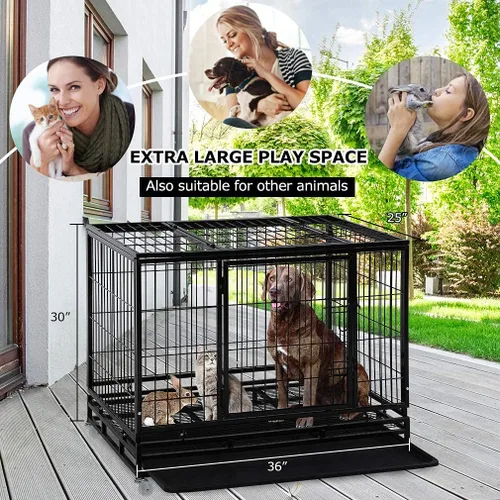 Vista 7 de Jaula para perros resistente, perrera de 36 pulgadas con ruedas con cerradura, jaula para mascotas de doble puerta de alta ansiedad, jaula extra