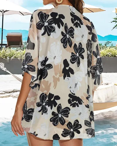 Vista 5 de Cárdigan estilo kimono con estampado floral para mujer, con mangas abullonadas, blusa informal, salida de baño