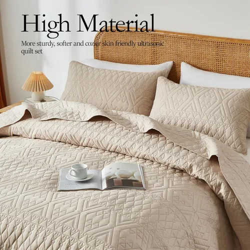 Vista 3 de akkialla Juego de edredón tamaño individual, color beige, de microfibra ligera, colcha de cama suave, juego de edredón con patrón geométrico moderno