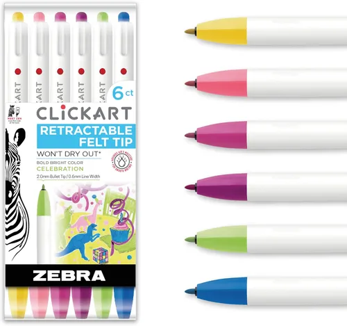 Vista 22 de Zebra Pen Click Art - Rotulador retráctil, punta fina, 0.024 pulgadas (0.6mm), colores surtidos, paquete de 6