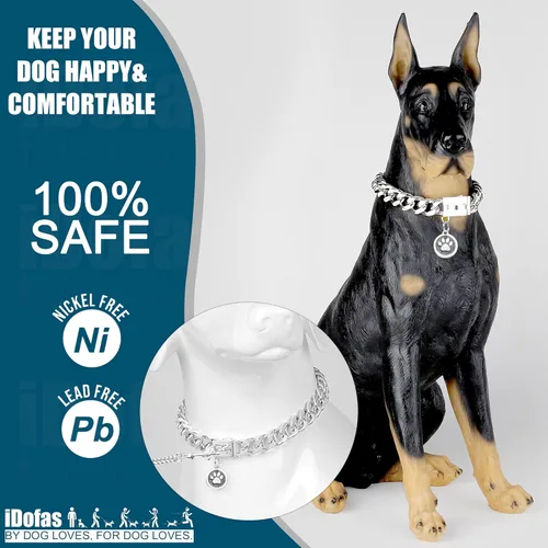 Vista 2 de Collar de cadena para perro de 0.59 pulgadas con eslabones cubanos plateados con hebilla a presión, collar de cadena de metal de acero inoxidable