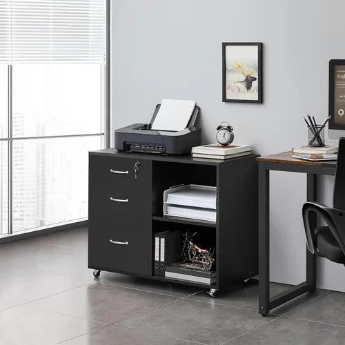 Vista 2 de Yaheetech Archivador negro con cerradura para carta, tamaño A4, soporte de impresora lateral de 3 cajones con compartimentos de almacenamiento