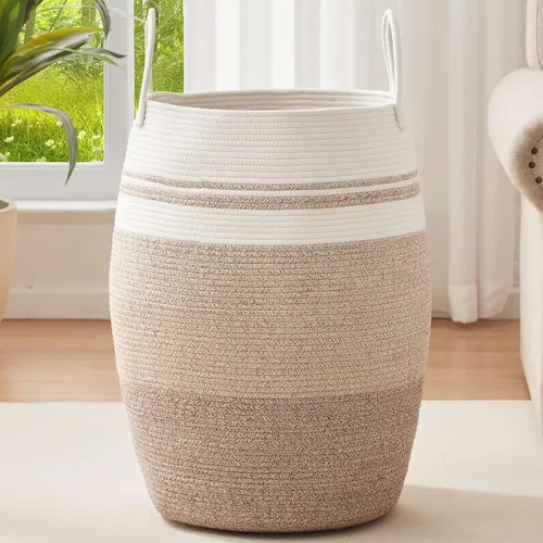 Vista 10 de OIAHOMY Cesta de lavandería tejida de cuerda de algodón grande para ropa con asas de algodón extendidas, cesta curva moderna para almacenamiento