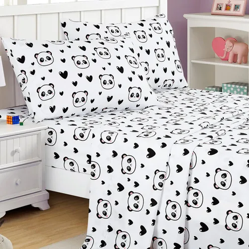 Vista 3 de Chezmoi Collection Juego de sábanas de 3 piezas para niños y adolescentes, microfibra suave, color blanco y negro, estampado de corazones de panda