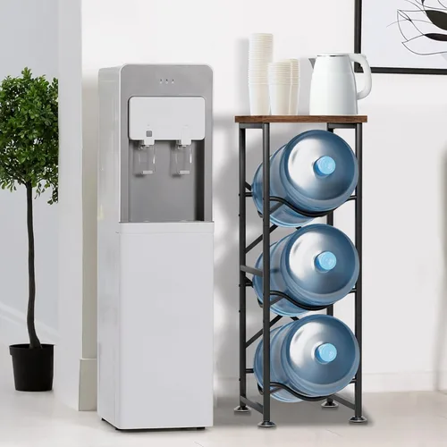 Vista 2 de Soporte para garrafones de agua de 5 galones, estante para botellas de agua de 3 niveles con estante superior de madera, estante resistente