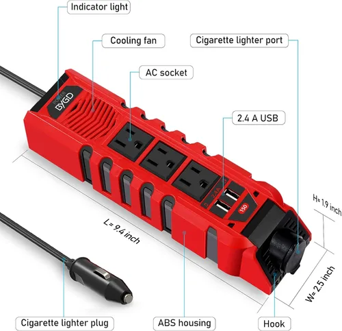Vista 6 de Inversor de corriente para automóvil de 150 W, convertidor de CC de 12 V a 110 V CA con 3 salidas de CA, 2 cargadores rápidos, 4.8 A, puertos USB