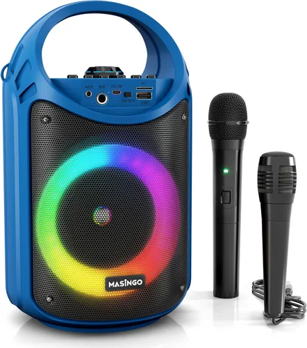 Vista 12 de MASINGO Máquina de karaoke para niños y adultos con 1 micrófono inalámbrico de karaoke y 1 micrófono con cable, altavoz portátil PA con luces LED