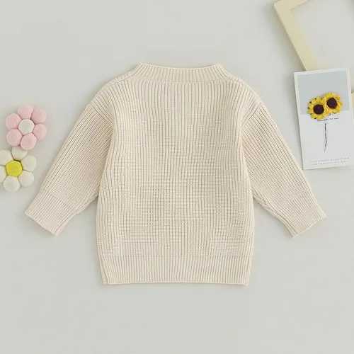 Vista 5 de ICNGLKSND Suéter de punto para bebé niña pequeña, cálido, cuello redondo, manga larga, con letras bordadas, ropa de otoño e invierno