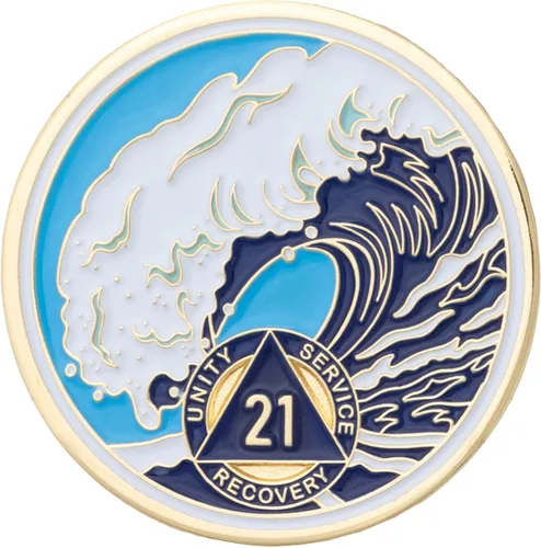 Vista 104 de Moneda AA de 1 año – Medallón de recuperación de ondas estrelladas de Sobriety Mint – azul/blanco/dorado