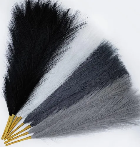 Vista 8 de SeptCat 6 piezas 17" Hierba de pampa seca artificial decorativa, esponjosa, falsa, pequeña, pompas negras, grises, pomposas, tallos cortos, arreglo