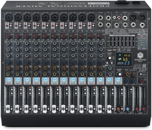 W IN-MIX DX12 Mezclador de Audio Profesional DJ de 12 Canales con 99 Efectos DSP, EQ de 7 Bandas, Alimentación Fantasma Independiente de 48V y Botón