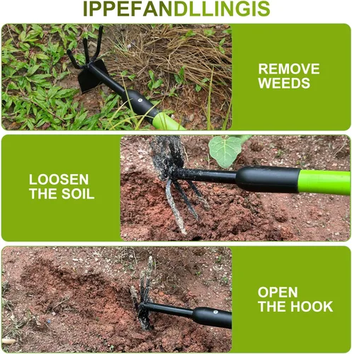 Vista 6 de Azada de jardín – Escardadora telescópica de 27 a 39 pulgadas de doble cabezal y cultivador con mango ajustable, ligera, resistente a la corrosión