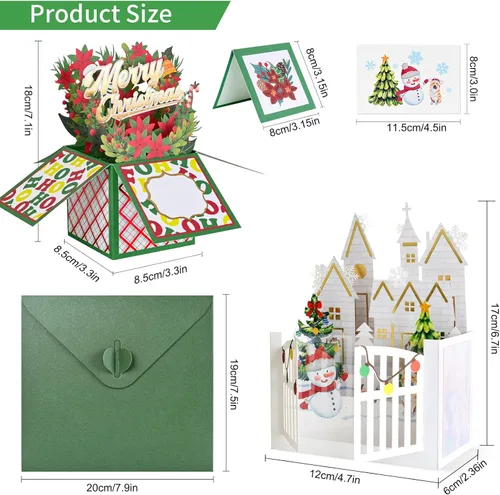 Vista 2 de Giiffu Paquete de 4 tarjetas de Navidad 3D desplegables – Tarjetas de felicitación navideñas hechas a mano con sobres y tarjetas de notas, bonitas