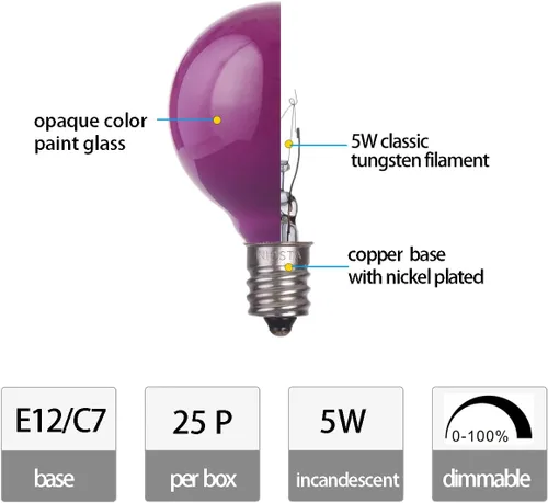 Vista 2 de Paquete de 25 bombillas de repuesto G40, bombillas de vidrio incandescente de 5 W 120 V, para tira de luces E12 para exteriores, color morado