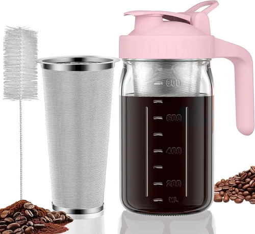 Vista 9 de Jarra de cafetera de infusión fría, jarra de vidrio de albañil de 32 oz con pico y tapa gruesa con asa y filtro de acero inoxidable para café
