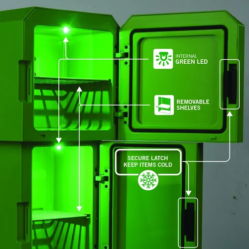 Vista 7 de Ukonic Minecraft Legends Creeper - Mini refrigerador de 8 litros, capacidad para 12 latas, luces LED, enfriador termoeléctrico CA/CC, estantes