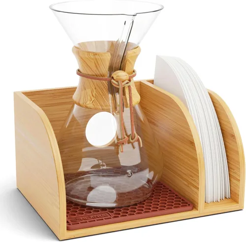 Vista 8 de HEXNUB Organizador y tapa para cafetera, soporte de bambú para jarras de café Chemex, Bodum, Cosori, alfombrilla resistente al calor, soporte