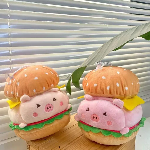 Vista 6 de Hamburguesa de peluche, divertidos juguetes de peluche de hamburguesa con queso, almohada de peluche de comida, regalos para niños (cerdo beige)
