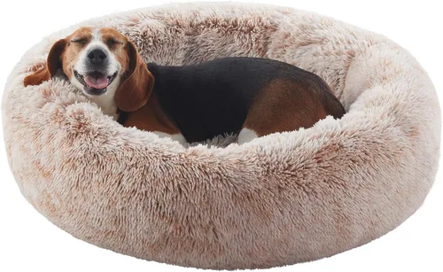 Vista 23 de Cama para perros pequeños con forma de dona de 23 pulgadas – Cama redonda calmante lavable para cachorros con funda extraíble, cama de felpa