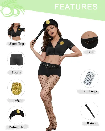 Vista 5 de Disfraz sexy de policía para mujer, disfraz de Halloween, disfraz de oficial de policía con accesorios de disfraz de policía