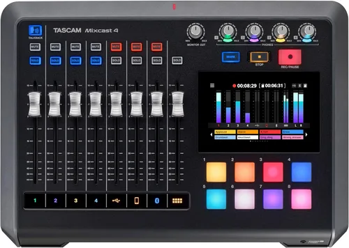 TASCAM Mezclador de transmisión de podcasts Mixcast 4, grabadora e interfaz de audio USB: cuatro entradas de micrófono XLR/TRS, pantalla táctil y