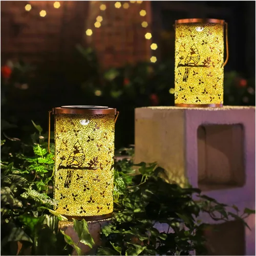 Vista 12 de Paquete de 2 linternas solares colgantes de libélula al aire libre, impermeables, luces LED solares de metal, linternas decorativas para jardín