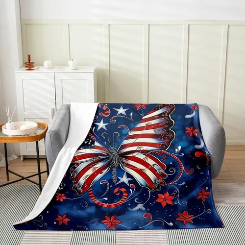Erosebridal Butterfly Fleece Throw Blanket 40"x50" - Ultra-Soft for Couch Sofa Bed,American Flag Flannel Blanket,Red White Blue Moth Fuzzy Plush