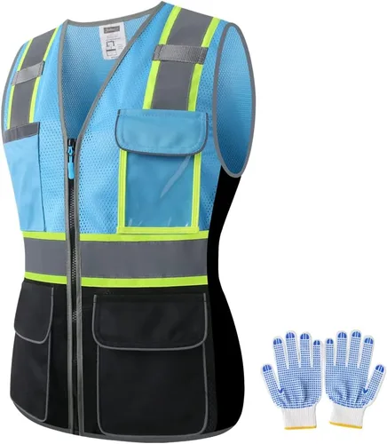 Vista 12 de Chaleco de seguridad para mujer, múltiples bolsillos, de alta visibilidad, reflectante, malla transpirable, chaleco de trabajo para dama, cremallera