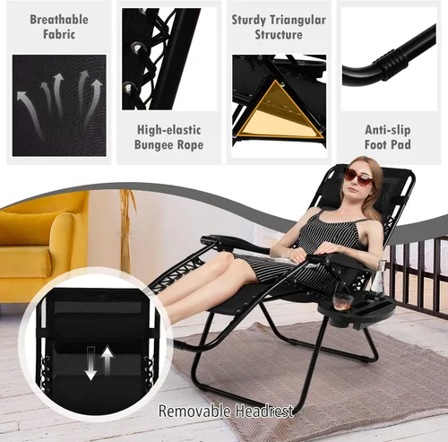 Vista 7 de Tangkula Zero Gravity - Silla plegable para patio, reclinable, ajustable, con soporte para tazas, reposabrazos anchos para patio, jardín, piscina