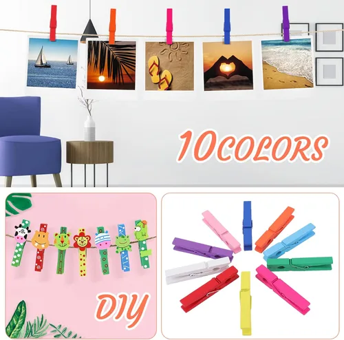 Vista 5 de 100 alfileres de madera, pinzas de color de 2.8 pulgadas, alfileres de ropa coloridos, pinzas de ropa coloridas, clips de madera para manualidades