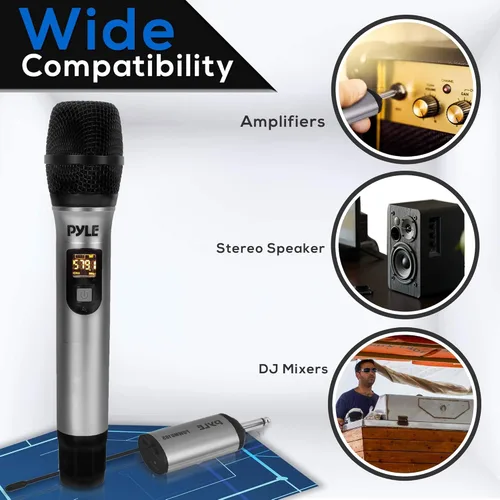Vista 2 de Pyle Sistema de micrófono inalámbrico UHF portátil - Juego de transmisor de micrófono dinámico unidireccional de mano profesional con batería