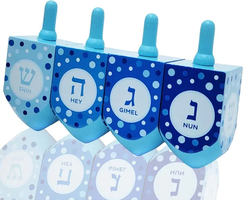 Vista 5 de The Dreidel Company Dreidels de madera pintados a mano extra grandes para Hanukkah, diseño de estrella azul y blanca, paquete de 2