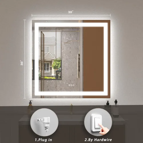 Vista 2 de Espejo de baño LED iluminado de 30 x 30 pulgadas para pared, espejo cuadrado de tocador con luces, regulable, antivaho, a prueba de roturas