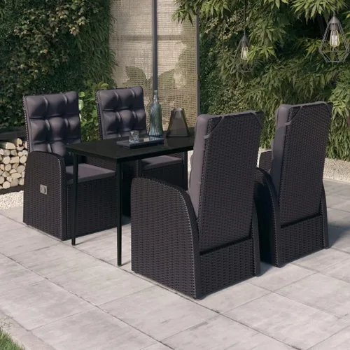 5-Piece Patio Furniture Set, Black PE Rattan Outdoor Dining Table & Recliner Chairs with Cushions, 55" Rectangular Glass-Top, Robust