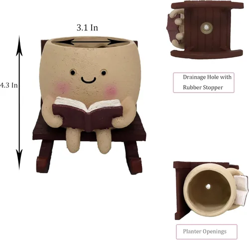 Vista 5 de Dolkgy Lindas Macetas con Cara para Suculentas, Divertida Maceta de Flores con Cabeza Leyendo en Mecedora, Maceta para Cactus con Orificio