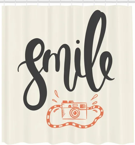 Lunarable Smile Shower Curtain, Cursive Calligraphy with Retro Camera Photography Themed, Cloth Fabric Bathroom Decor Set with Hooks, 105" Extra