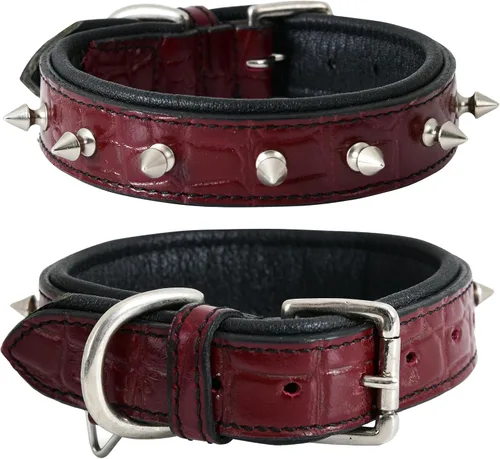 Vista 19 de Collar de perro de cuero con pinchos, cuero bridle de grano completo de 2 pulgadas de ancho, resistente, acolchado y ajustable, para razas grandes