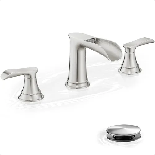 Grifo de Baño Extendido Níquel Cepillado, Grifo de Lavabo de Baño Cascada de Latón, Grifos de Baño de 2 Manijas para Lavabo de 3 Orificios, Grifo de
