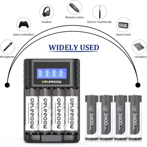 Vista 7 de Deleepow Baterías de litio de 1.5 V AA, 3400 mWh 8 baterías recargables AA con cargador 1500 ciclos precargados