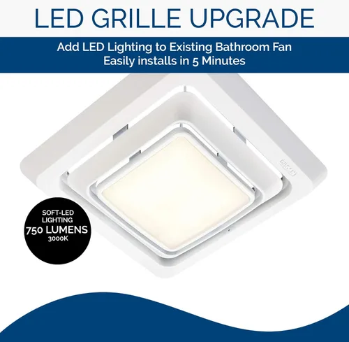 Vista 4 de Broan-NuTone FG600S Rejilla LED iluminada de mejora para ventiladores de baño, fácil instalación, DIY, blanca, cuadrada