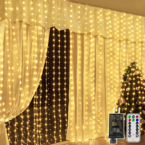 Vista 10 de Ollny Luces de Cortina 300LED 9.8ftx9.8ft, Conectables IP67 Impermeables para Exteriores con Control Remoto, Luces de Hadas Enchufables Sin Enredos