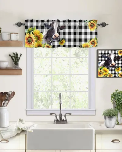 Vista 2 de Cortinas de vaca, cenefas de ventana de animales de granja, cenefas de cocina de girasol amarillo, cenefas de cocina, bolsillo para barra, cuadros