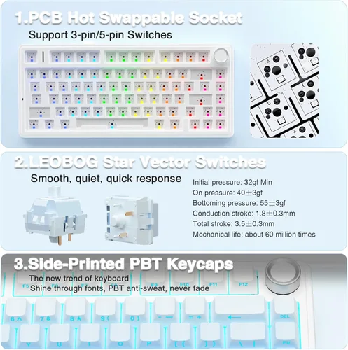 Vista 5 de AULA Teclado mecánico inalámbrico F75 Pro, teclado personalizado intercambiable en caliente, retroiluminación RGB, interruptores lineales