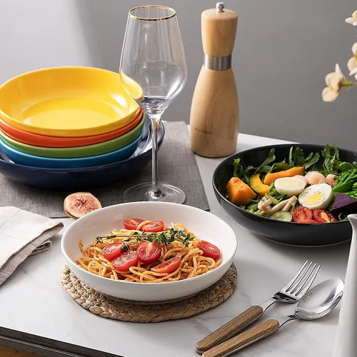 Vista 4 de Sweejar Tazones para pasta, platos llanos de cerámica, cuencos de ensalada de 25 onzas para servir, sopa, postre, pizza, fruta, filete, microondas