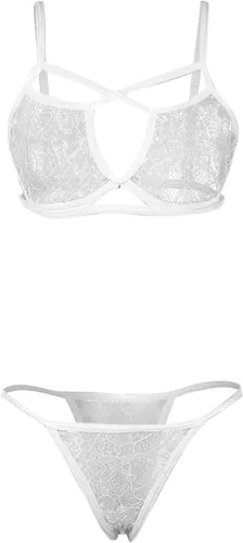 Vista 6 de Conjunto de lencerÃ­a sexy de malla transparente para mujer, brasier minimizador transparente de talla grande, correas transparentes y barras