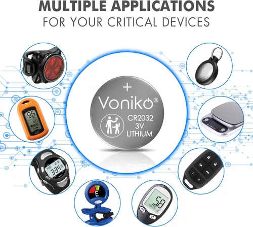 Vista 2 de Voniko Pilas de litio CR2032 de 3 V para seguridad infantil, compatibles con AirTag, llaveros, termómetros, básculas, 7 años de vida útil