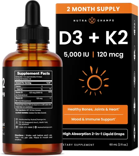 Vista 7 de NutraChamps Gotas de vitamina D3 K2, vitamina líquida D3 5000 UI y K2 D3 con MK7, gotas de vitamina D para niños, huesos, salud cardíaca e