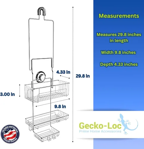 Vista 4 de Gecko-Loc SHS-015EXT Extra Long Adjustable Hanging Shower Caddy, Over-the-Showerhead Organizer for Shampoo, Soap, Razors, Rustproof Stainless Steel