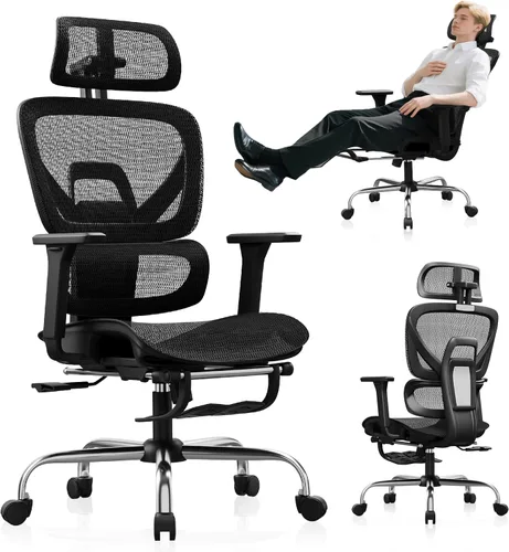 Synorla Silla de oficina ergonómica con reposapiés, silla de escritorio de malla con reclinación de 135°, soporte lumbar ajustable, reposabrazos y
